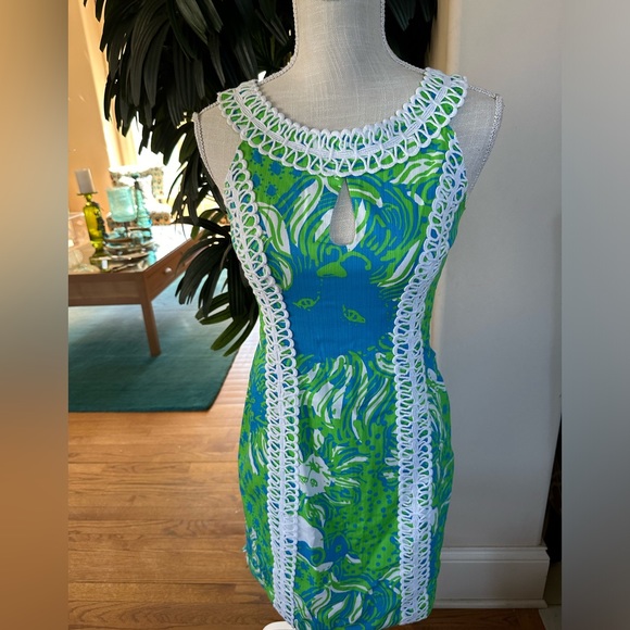 💚💙Lilly Pulitzer Limeade Roar of The Jungle Blue & Green Shift Dress Size 0💚 - Picture 2 of 16